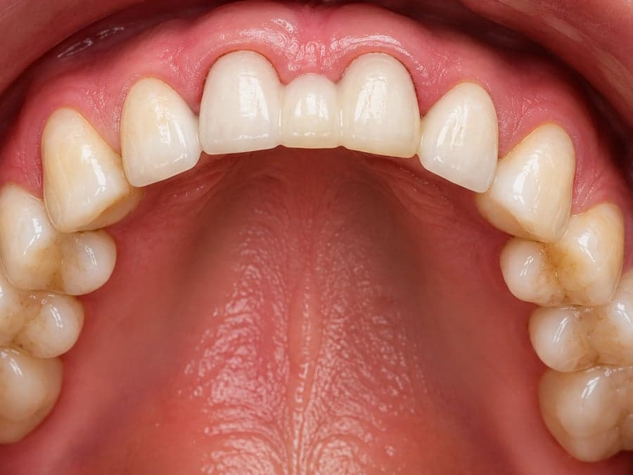 The finished bridge seated over the prepared teeth, closing the gap