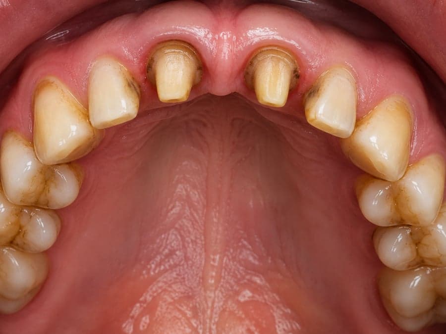 Upper front teeth shaped down to abutments in preparation for a bridge, with the gap still open