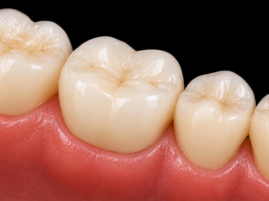 The same molar after root canal treatment and a crown, restored to its natural shape