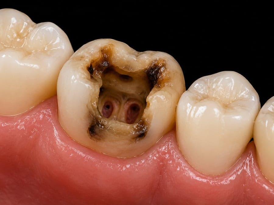 Molar with extensive decay opening into the pulp chamber, before root canal treatment