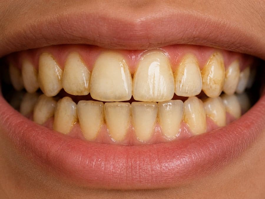 Teeth with yellow staining and tartar buildup along the gumline, before scaling