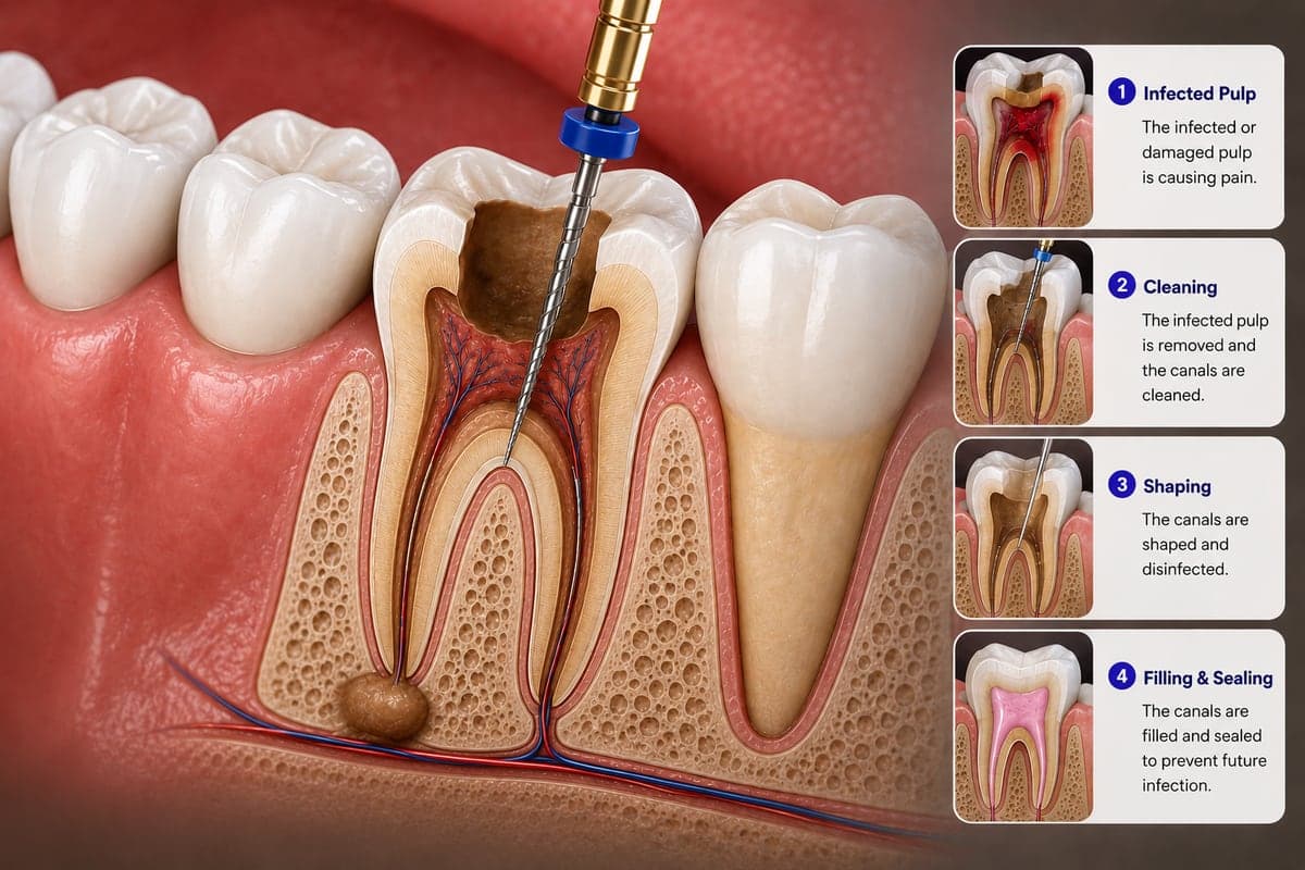 The stages of root canal treatment: infected pulp, cleaning, shaping, then filling and sealing